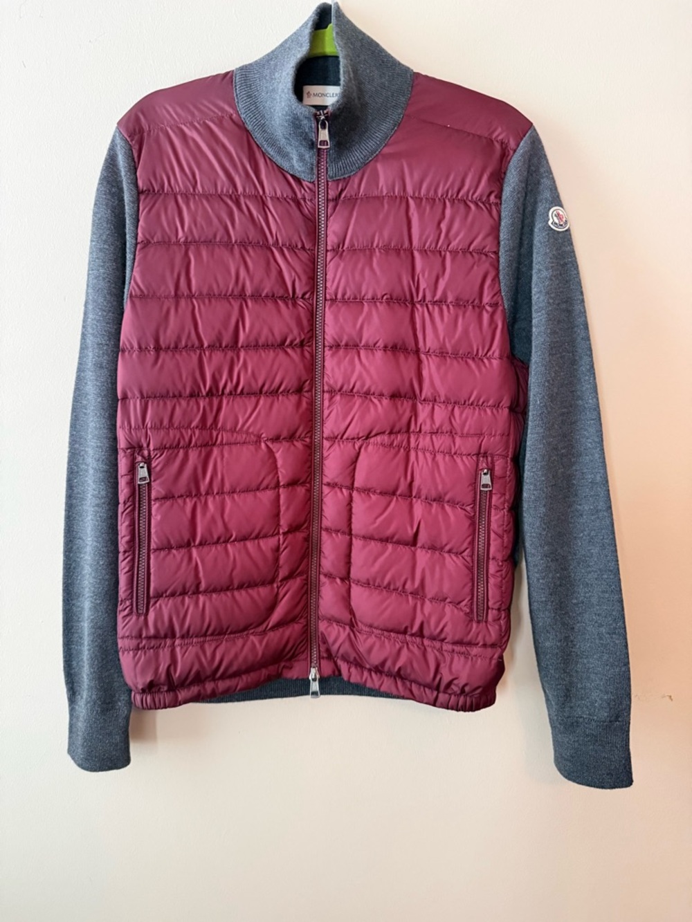 Moncler Men's Burgundy Quilted Front with Gray Sleeves Puffer Jacket